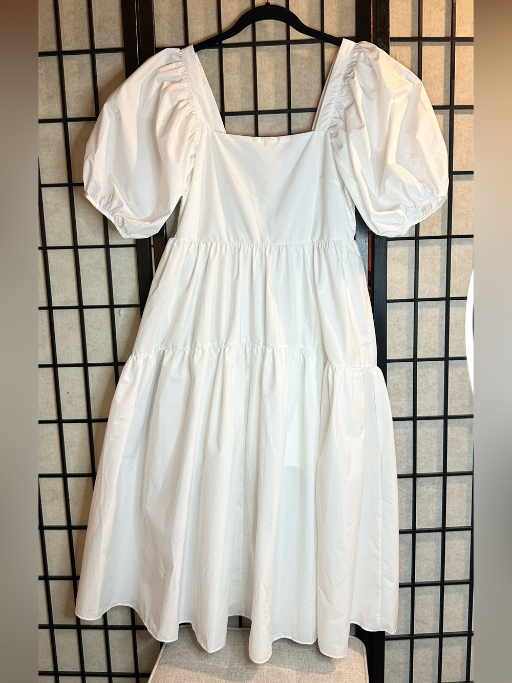 White Puff Sleeve Square Neck Tiered Midi Dress